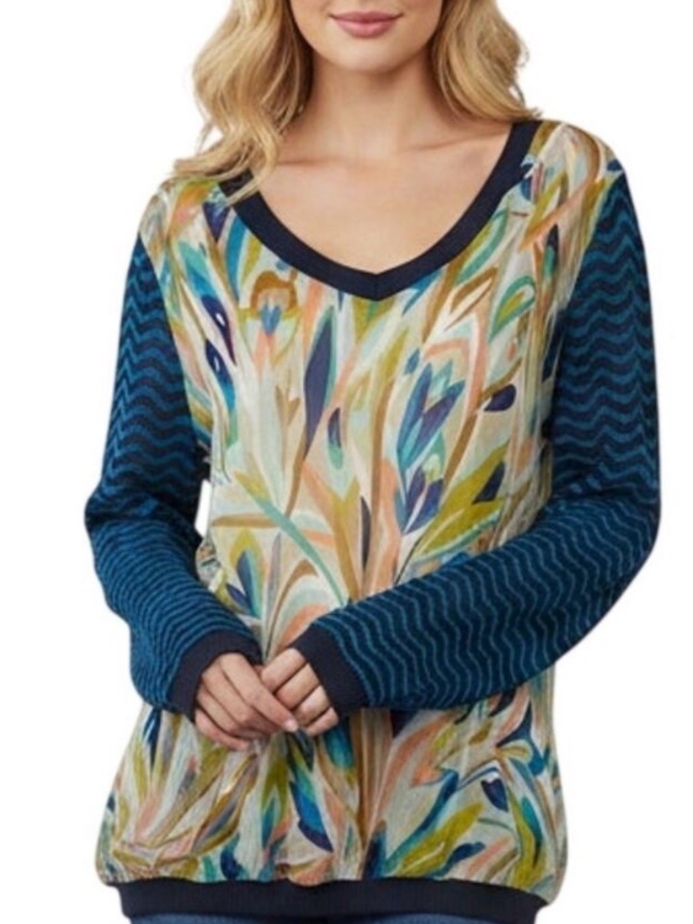 Missoni Multicolor Printed V-Neck Long Sleeve Tee with Teal Sleeves
